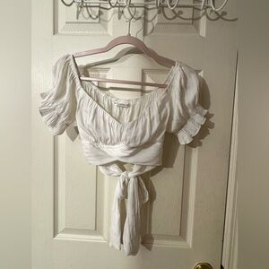 Chic White Puff Sleeve Tie-Front Blouse